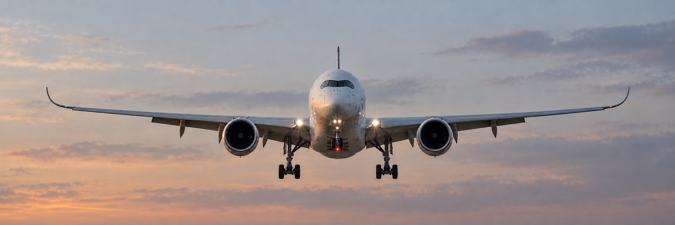 Aircraft approaching head-on at sunset